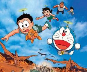 Puzzle Ο Doraemon γάτα με τους φίλους του Nobita, Shizuka, Suneo και Takeshi